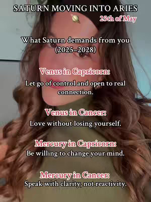 A woman with long brown hair and a green top is the main subject, with text overlays describing astrological transits. The background seems to be a home setting, with the woman angled towards the camera.