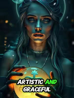 A stylized image of a woman with long, flowing hair and a necklace, set against a dark, blurred background. She holds a glowing, spherical object in her hands. Text at the bottom reads "ARTISTIC AND GRACEFUL."