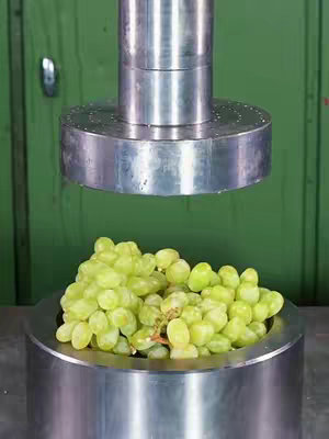 A large, cylindrical metal object is pressing down on a pile of green grapes inside a smaller, cylindrical metal container. The background is a plain green wall.