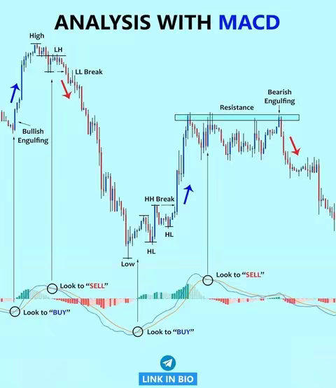 A teal-colored chart illustrating financial data analysis with the MACD indicator. The chart shows candlestick patterns with annotations for key trading signals such as 'Bullish Engulfing', 'Bearish Engulfing', and points to Buy and Sell signals. Additional labels includes 'Resistance', 'HH Break', and 'LL Break'. The title at the top says 'ANALYSIS WITH MACD'.
