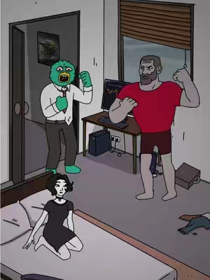 This image is a cartoon illustration depicting interior scene of a house with three figures. A person wearing a yeti-like face covering is standing in the left side of the image, wearing a white shirt, a red tie, grey pants, and green shoes and gloves. Another person with short hair and a red t-shirt with shorts is standing on the right side with the arms up. In the foreground, a person with short dark hair is kneeling on the bed. 