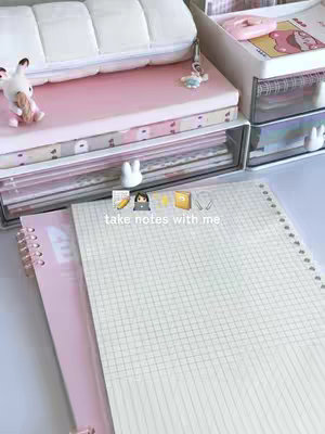 A visually appealing setup for note-taking, featuring a white desk with various stationery items. In the foreground, a spiral-bound notebook with pink accents sits beside a grid-lined paper, ready for notes. Behind these, a white storage unit houses other notebooks, pens, and decorative bunny figures. The color scheme is soft, with pinks, whites, and subtle pastel tones creating a clean and organized aesthetic.