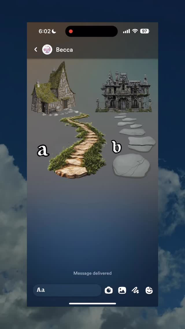 A screenshot of a messaging app interface showing artistic representations of two houses and a pathway selection between them. The background is a gradient of blues.
