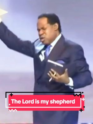 The image features a man, likely a pastor, in a navy suit and blue tie, holding a small book, possibly a bible or other religious text. His face is expressive, conveying emotion as he delivers a sermon or speech. Below the figure, a red and black banner contains the text "The Lord is my shepherd."