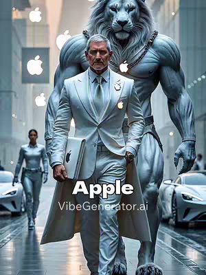 A stylized image featuring a man in a white suit holding a laptop with the Apple logo, flanked by a lion-like figure and walking down a city street. The Apple logo appears in the background and as a decorative element on the man's suit. A female figure wearing a silver suit is walking in the background and there are expensive-looking cars on the street.