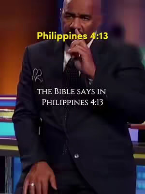 An image of Steve Harvey, an African-American man, dressed in a dark suit and tie, giving a thoughtful gesture with his finger to his lips. Text overlays at the top and bottom of the frame.