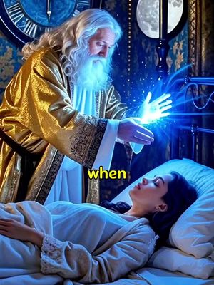 An artistic image depicts a man with a long white beard and golden-colored robes reaching down to a woman lying in a bed. His hands emit bright blue light towards the woman, who is in a relaxed pose, seemingly asleep. The word 'when' appears as the hook, indicating intent to be clicked to lead into content