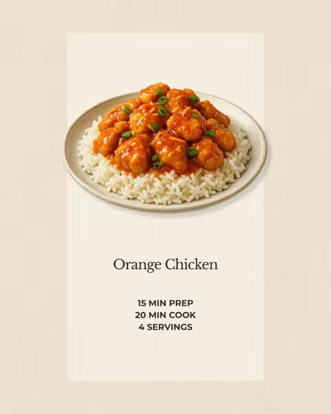A plate of orange chicken on a bed of white rice is centered on a neutral-toned background, with text providing recipe details laid out beneath the dish.