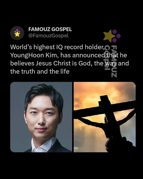 The image is a split composition with a black background. On the left, there's a portrait photo of a man with black hair, wearing a dark suit. On the right, a silhouette of Jesus on the cross against a vibrant sunset. Above, the logo and username of 'FAMOUZ GOSPEL' are displayed. Below the logo, text states that the highest IQ record holder believes in Jesus Christ.