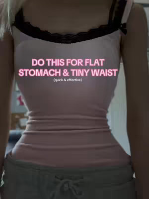 The cover image shows a close-up of a person's torso in a pink tank top and grey sweatpants. The tank top hugs the torso, showcasing the person's waist and stomach. Text overlayed on the tank top reads, "DO THIS FOR FLAT STOMACH & TINY WAIST" in pink with the additional text, "(quick & effective)" below. The background is slightly blurred and has a warm, indoor lighting.