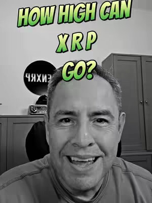 A grayscale selfie showcases a man with a bright, open smile against a blurred background. Text overlayed above him reads 'HOW HIGH CAN' in a bold, light green font followed by 'XRP' in a lime green font and below 'GO?' in the same green font, all in a rounded, slightly futuristic style. The man is the central focus, with a backdrop hinting at an indoor setting or office with a round graphic with the text "ЧЯХИИ" .