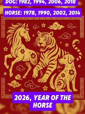 The image has a red background with gold illustrations of Chinese astrological symbols including a horse, tiger, and dog. Text overlays in purple and white provide important details about the Year of the Horse in 2026.