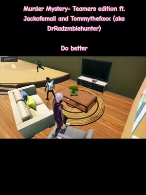 An overhead shot shows a 3D rendering of a room in what appears to be a video game. The room has a white sofa, a wooden floor, and simple furniture. Three figures are present in the scene. The main character, dressed in a purple coat is in the foreground.