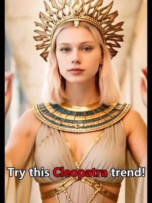 A woman styled as Cleopatra with a gold crown headdress, gold and turquoise collar, and a cream-colored dress. The text overlay reads, 'Try this Cleopatra trend!'.