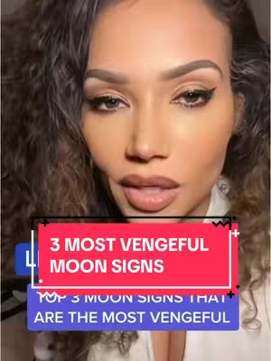 A close-up shot of a woman with wavy dark hair, heavy eye makeup, and red lipstick. Text overlays appear in colored boxes over her chest that read '3 MOST VENGEFUL MOON SIGNS' and 'TOP 3 MOON SIGNS THAT ARE THE MOST VENGEFUL'.
