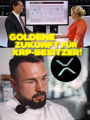 The image is split into two main sections. The upper section presents a panel with a man in a suit and a woman both looking at a screen depicting a financial graph and data analysis. The lower segment has a man face with a beard, looking down on the viewer. The background of this section is blurred, giving the man a starring role. Overlayed on the lower area to the right is a XRP cryptocurrency logo, in a circle. Above this section, over the panel, a large yellow banner contains bold text.