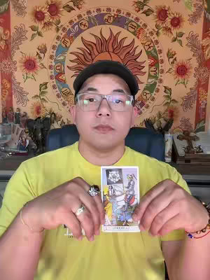 A man with glasses and a black hat holds a tarot card, the background includes a colorful tapestry with a sun symbol and floral designs.