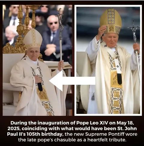 The image is a split-panel composition featuring two photographs of a man in papal attire. Both sides show a man dressed in white vestments with gold and black embroidered details, a high white hat, and a cross-bearing staff. One image is a close-up, and the other is a wider shot. A white arrow points between the images, and overlaid text explains the context. The bottom features descriptive text in a black box.