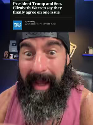 The cover image shows a man with a beard and a surprised facial expression, overlaid on an article headline about Trump and Warren agreeing on an issue. The man is wearing a black cap and a pink tank top, with a background that appears to be a room with some objects.
