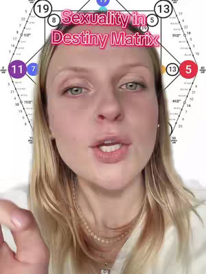 A woman with blonde hair looks directly at the viewer, with a Destiny Matrix chart in the background. Text overlayed on the image reads 'Sexuality in Destiny Matrix'.