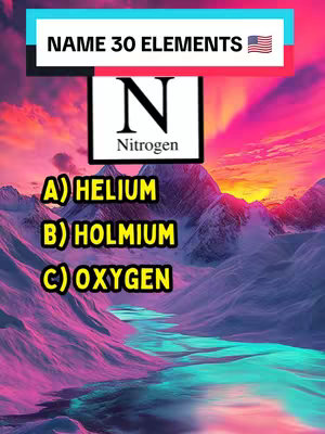 The cover image features a colorful, stylized landscape with mountains and a flowing river in shades of purple, pink, and teal. The overlay shows a quiz about naming elements, with the name of the element Nitrogen. Below the element are the possible choices for this challenge.