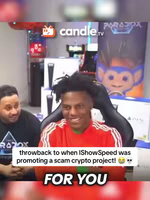 The cover image shows a candid shot with IShowSpeed and another person sitting in front of a background with some screens and arcade machines. The hook text in a white box says: 'throwback to when IShowSpeed was promoting a scam crypto project!'