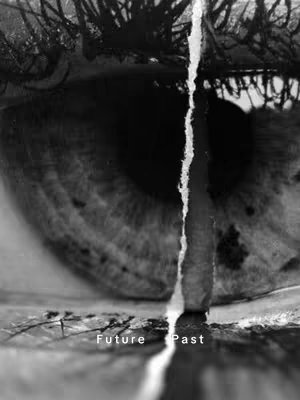 A black and white image showing a close-up of an eye bisected vertically by what appears to be a tear. The iris and pupil are visible, and the upper eyelashes are in focus. At the bottom of the image, text reads 'Future Past'.