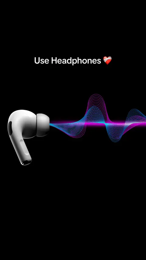 An image with a black background. In the center, a pair of white wireless earbuds are depicted with a blue and purple waveform emanating from the earbuds. Above the earbuds is white text that says "Use Headphones".  A red heart emoji is positioned to the right of the headphones text.