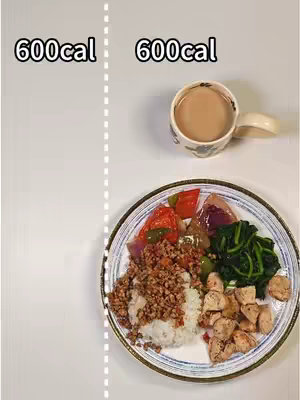 The image is a photo of a plate of food next to a cup of coffee, both labeled with '600cal'. The food consists of rice, meat, vegetables and chicken. The colors are bright, and the composition is simple, focusing on the food items.