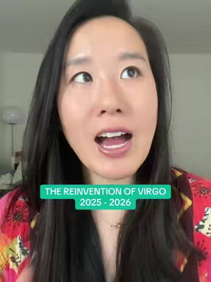 A woman with long dark hair opens her mouth as she looks up and slightly to her right. A teal rectangle is displayed on the image containing text that reads, "THE REINVENTION OF VIRGO" on the top line and "2025 - 2026" on the second line.