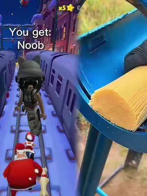 The image is divided into two parts. On the left side, the visuals are from a game, with the game's character is running on the train rails, and the words overlay like 'You get: Noob'. The right side is an elevated view, featuring a large, rounded, blue object that seems to be a pasta strainer with a large amount of dry spaghetti inside. The color scheme is vibrant, with a mix of blues, reds, and the yellow-orange of the spaghetti.