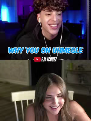 The image is split into two sections, featuring two individuals engaged in a video call. The top half shows a young man in a black hoodie, facing the camera and smiling, with visible earphones and a blurred background. The bottom half displays a woman, also smiling, seated in a dimly lit room adjacent to a white chair, her gaze directed upwards.