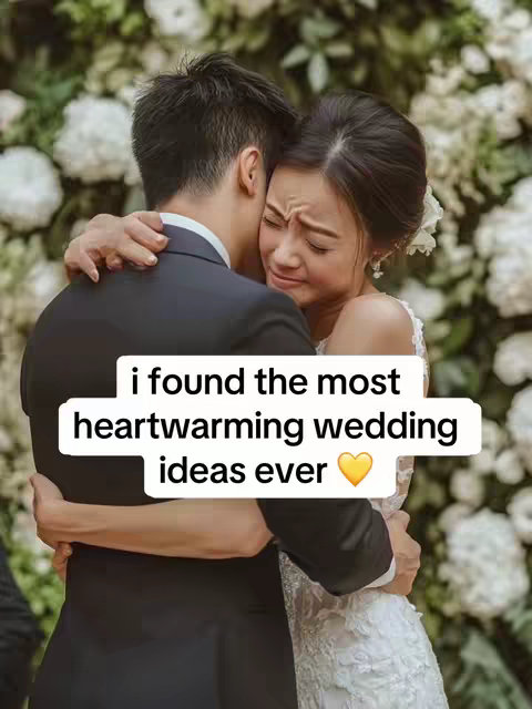 A bride and groom emotionally embrace on their wedding day. The bride, her face tear-streaked, is nestled against the groom's shoulder. The groom is holding her close. Soft, blurred floral arrangements form the backdrop.