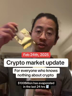 A man with glasses and a beard is holding up a gold pack, likely to demonstrate something related to the crypto market. Text overlays describe the market and its state.