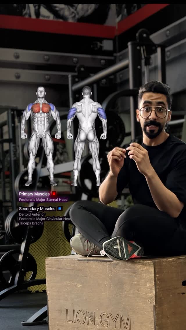 A man in a gym setting is sitting on a wooden box, looking towards the camera and talking. Behind him, there are digitally rendered anatomical figures of the male body. The text overlays describe the muscles on the body.