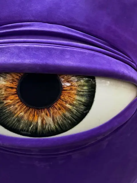 A close-up shot showcases a highly detailed eye, exhibiting a vibrant mix of colors within the iris. The eye is set against a background of smooth, draped purple fabric, creating a sense of depth and texture. The eye itself has a prominent white sclera, with an intricate iris pattern blending shades of green, brown, and touches of orange. Above the eye, a soft purple material appears to be partially covering it, enhancing the sense of depth. The lighting highlights the textures and colors, giving the image a striking, almost surreal quality.