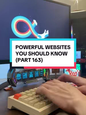 The image shows a person typing on a keyboard with a computer monitor in the background displaying a rainbow graphic. The text overlay says "POWERFUL WEBSITES YOU SHOULD KNOW (PART 163)".