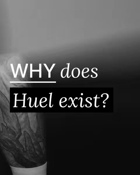 A grayscale image features a blurred upper portion, revealing a glimpse of a tattoo and skin. The text overlay prominently asks 'WHY does' above a black rectangle containing 'Huel exist?' in contrasting white font.