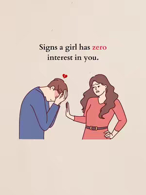 An illustration depicting two figures. The left figure, a man with brown hair wearing a blue shirt, is bent over with his face in his hands, conveying sadness. A red broken heart hovers above him. The right figure is a woman with brown hair wearing a red dress, her arm extended with a stopping gesture, showcasing rejection. The background is a simple neutral color.