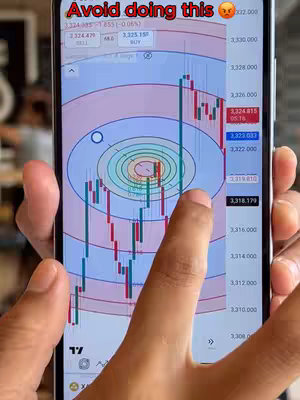 A person's hand holding a smartphone, the screen displaying a financial trading chart with concentric circles overlaid on it. Text overlay at the top urges avoiding a certain trading strategy, with an angry face emoji.