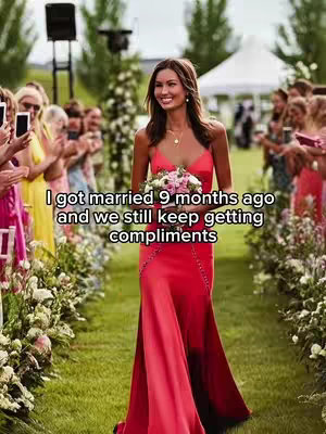 A woman in a red dress walks towards the camera on a grassy path, framed by rows of guests applauding on either side. Behind her, a white tent is visible, suggesting an outdoor wedding setting. The sky is overcast, and the overall scene conveys celebration and joy.