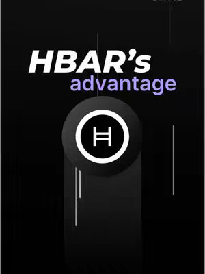 A sleek, dark-themed graphic focusing on the HBAR cryptocurrency, with the text 'HBAR'S advantage' in bold, white and purple fonts. A white circle with the 'H' symbol in the center and a dark gradient background.