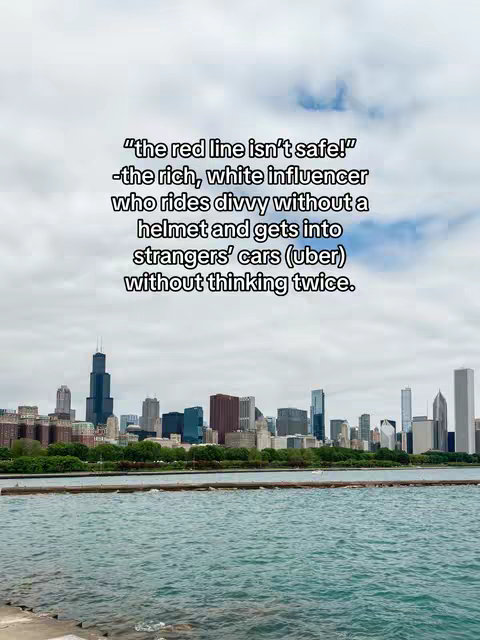 A photograph of the Chicago skyline, taken during the day. The foreground features a body of water, likely Lake Michigan, with a breakwater. The city skyline is visible in the background, with a mix of high-rise buildings and other structures. The sky is partially cloudy. Overlaid on the image is a block of text arranged in a centered fashion.