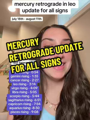 A woman smiles and speaks directly at the camera. Overlay text announces "MERCURY RETROGRADE UPDATE FOR ALL SIGNS." Additional text below lists times associated with each astrological sign.