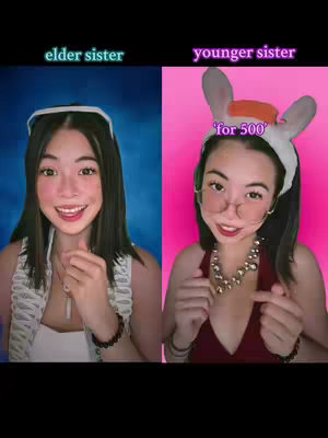 The cover image shows a split screen. On the left, a woman with straight black hair, white headband and a smiling expression. On the right, a woman with glasses and rabbit headband, a playful facial expression, and an expression of jest. Text overlays indicate the sisters.