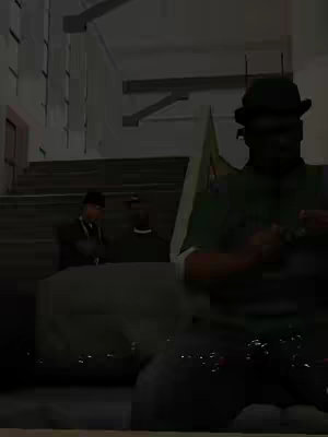 The cover image presents a scene from a video game, likely Grand Theft Auto: San Andreas. The image is darkly lit. The foreground features figures in dark clothes and hats. In the background, a staircase leads upwards. The scene is from the game.
