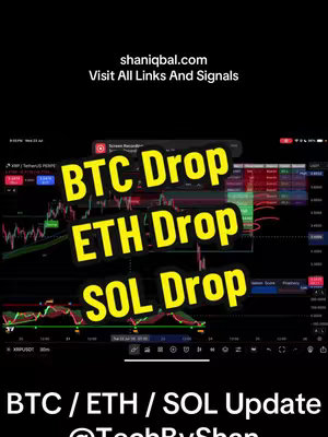 A black background with a cryptocurrency price chart and data displayed. In yellow, bold text overlays the chart, highlighting potential drops for Bitcoin, Ethereum, and Solana. The video title is at the bottom with the content creator’s handle added above.