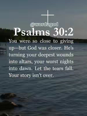 A tranquil image featuring a body of water reflecting the sky above, with trees forming the banks, and text overlayed with a religious quote.