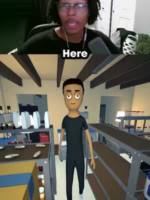 The image is split in two. The top half shows a person wearing glasses, looking up and speaking into a microphone. The bottom shows a 3D-rendered scene from what appears to be a video game, with a character in the middle, a shop environment, and shelves.