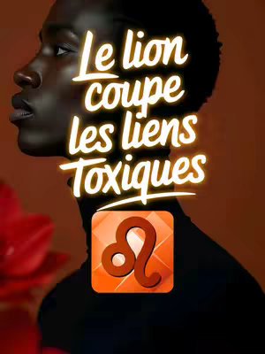 The image features a dark-skinned person in profile against a blurred brown background. The person is wearing a dark top. Overlaid on the image is glowing text and a logo. The text reads in French "Le lion coupe les liens toxiques" (The lion cuts toxic ties). Below the text on the right, there is a orange square with the Leo zodiac sign in the center.